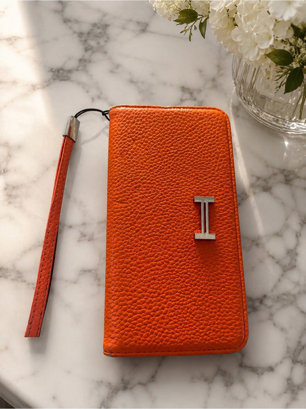 Hermes Orange Pebbled Leather Phone Case with Wrist Strap